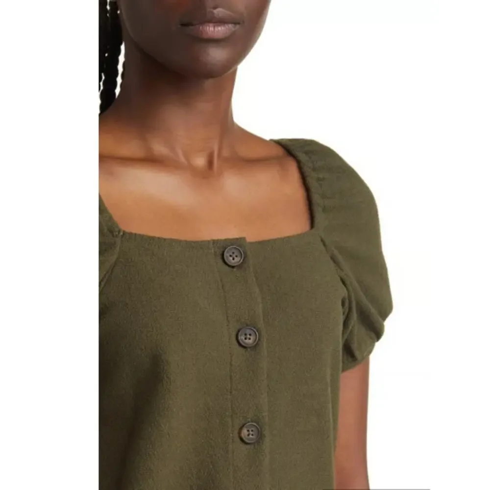New MADEWELL Women's Deep Green Puff Sleeves Jacquard Square Neck Top Size S